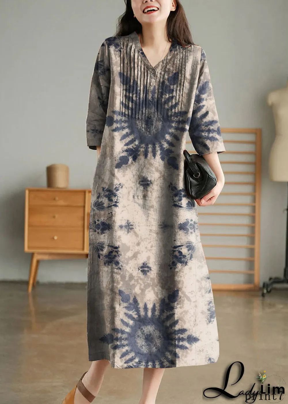 Grey Print6 Loose Linen Long Dresses Button Solid Half Sleeve