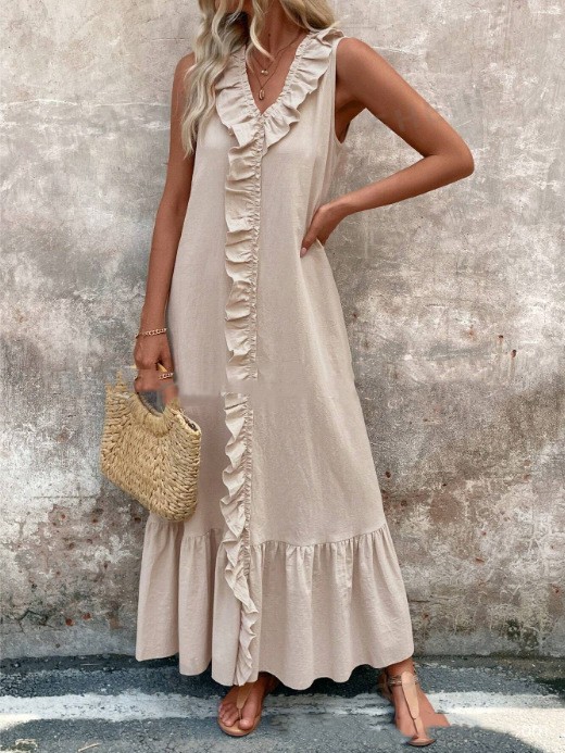Mature Women Casual Summer Solid Color Sleeveless Cotton Linen V-neck Swing Dress