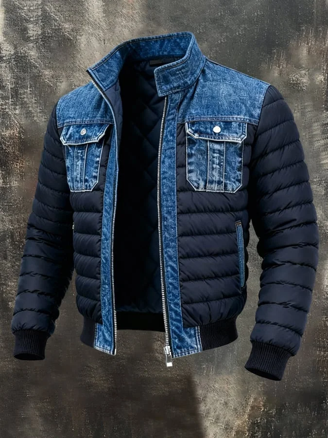 Herren Vintage Denim Patchwork Outdoorjacke Baumwollmantel 