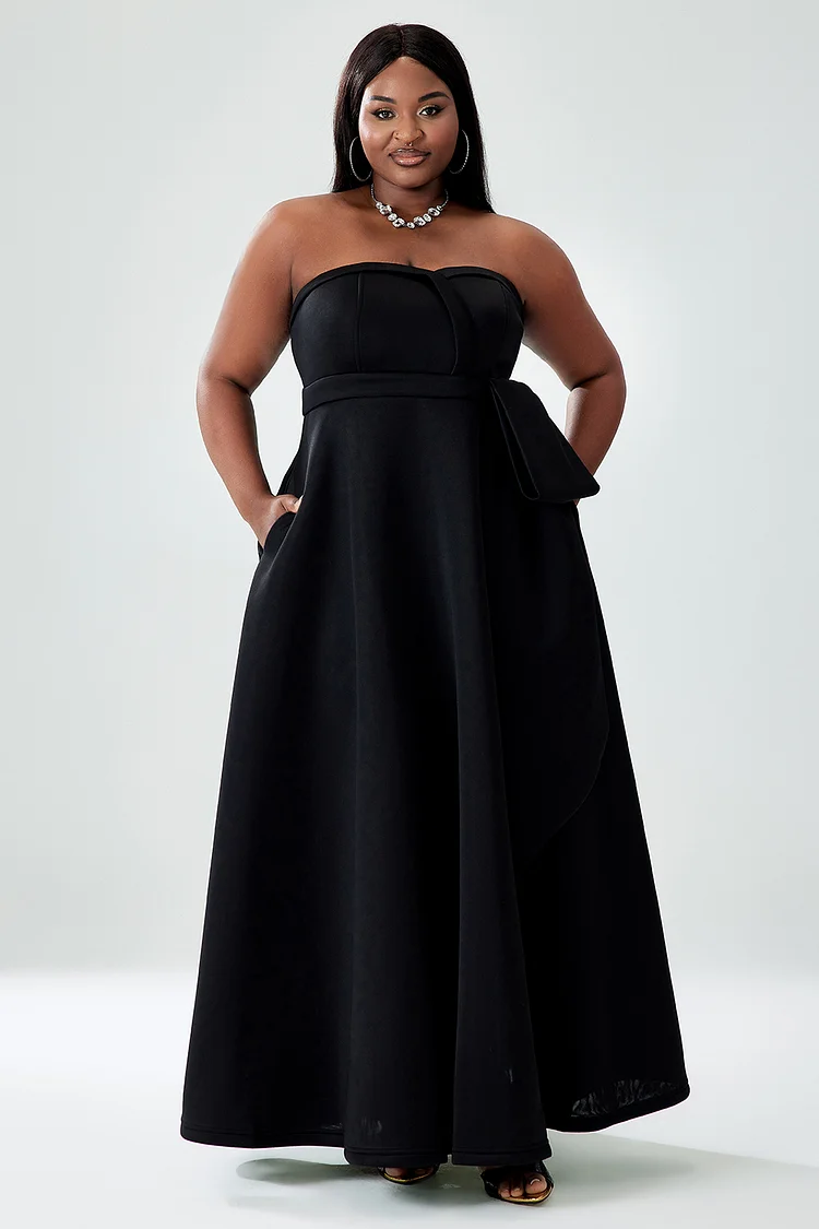 Xpluswear Design Plus Size Formal Dress Black Elegant Off Shoulder Strapless Slit With Pockets Gown Maxi Dress