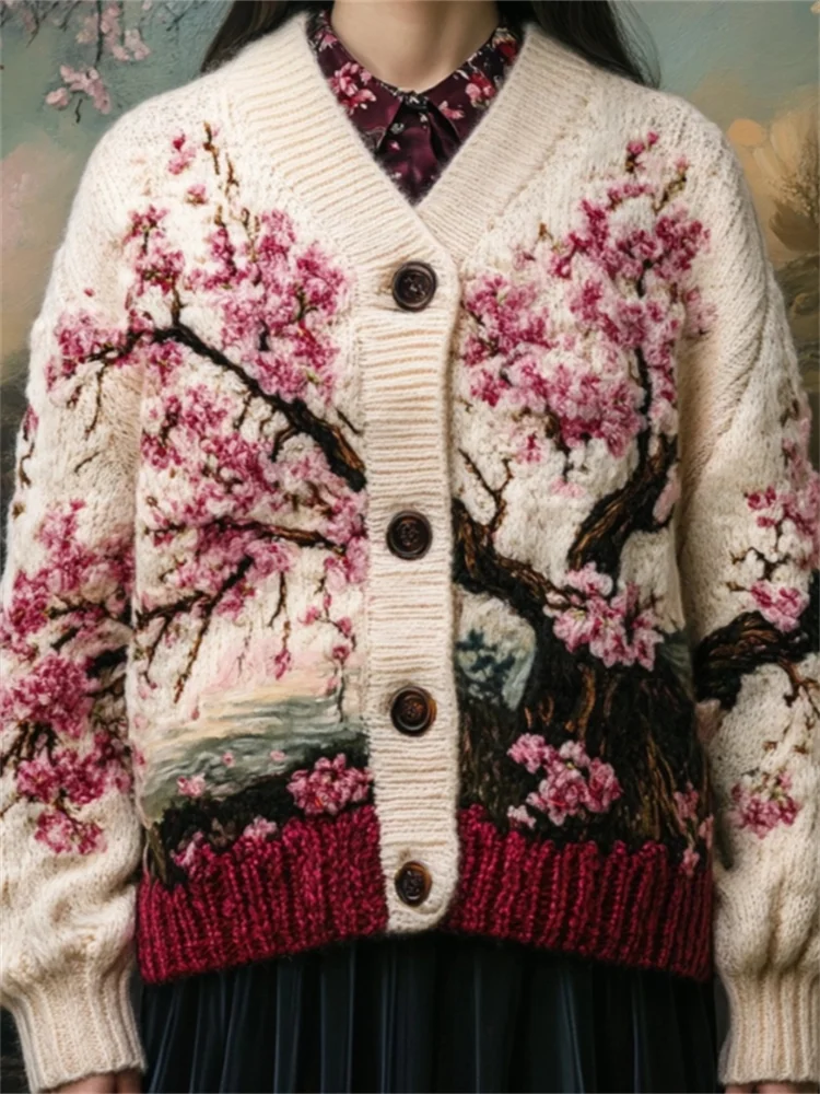 Utbros Japanese Cherry Blossom Jacquard Cozy Chunky Cardigan