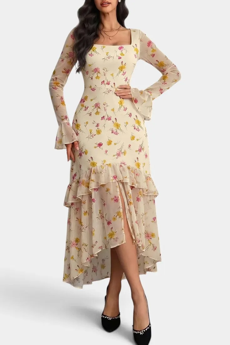 Asymmetric Floral Maxi with Bell Sleeves & Ruffled Hem