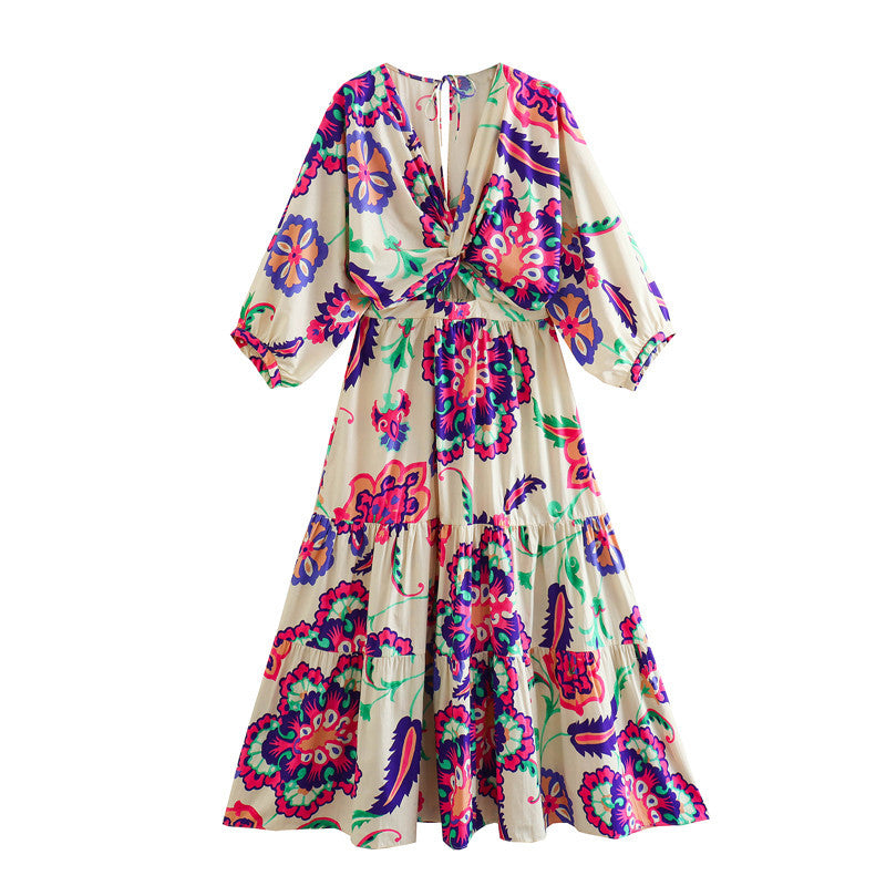 Summer Women Vneck Printed Puff Sleeve Midi Dress