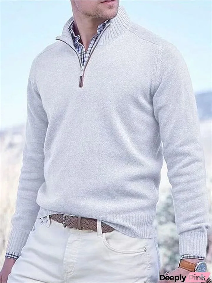 Men's Stand Collar Pullover Ribbed Hem Knitted Sweater