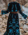 Women's Blue Embroidered Print Cardigan Dress