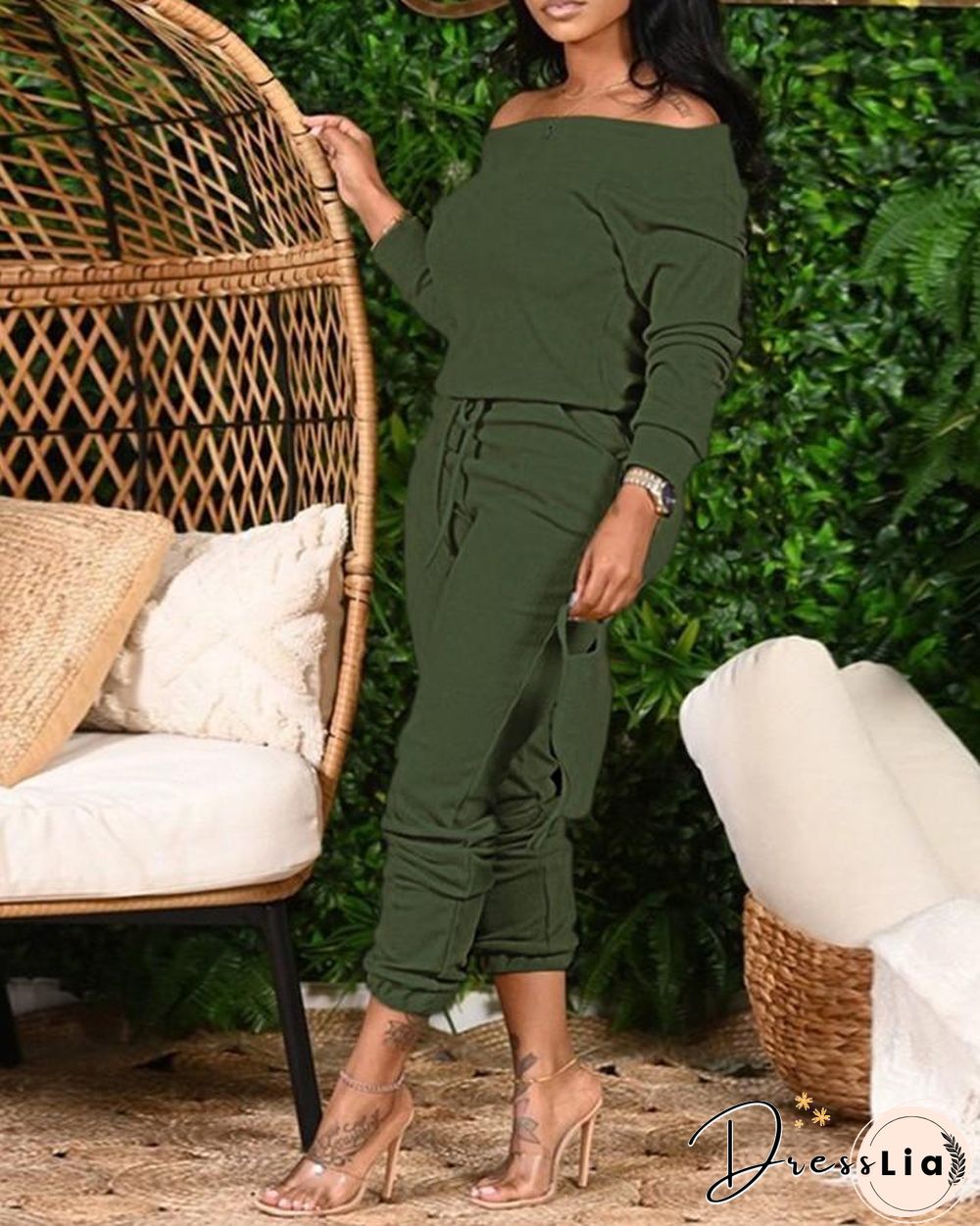 Plus Size Plain Long Sleeve Top & Drawstring Pants Set P14071
