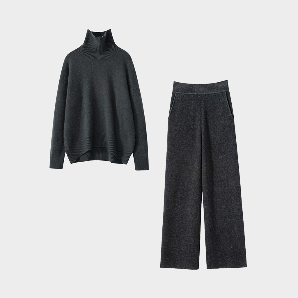 Women's Modern Minimalist Cashmere Turtleneck and Pants Set | Luxurious Pure Cashmere REAL SILK LIFE