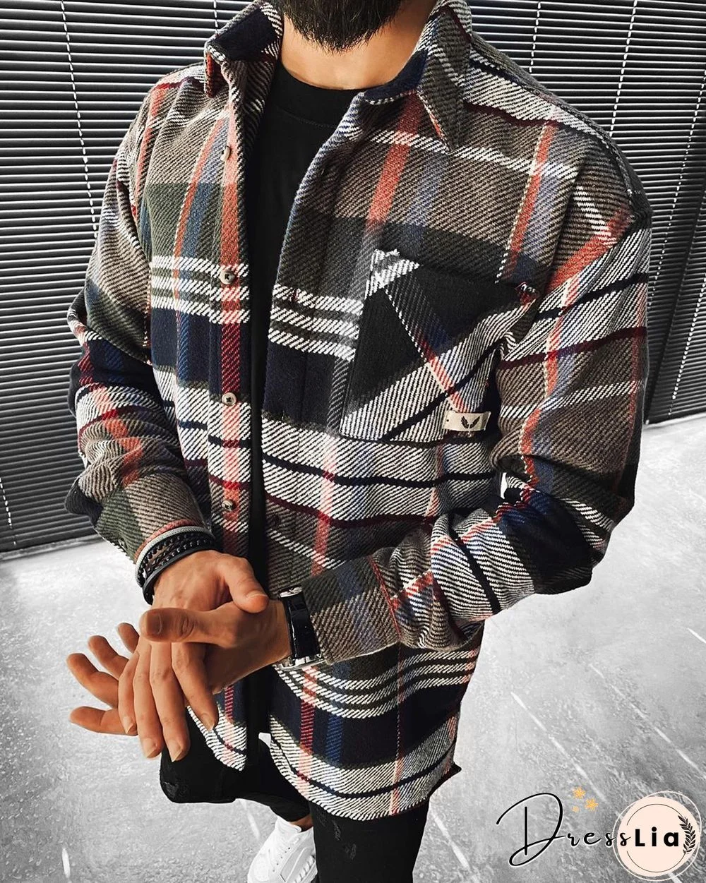 Checked Textured Lapel Long Sleeve Top Jacket