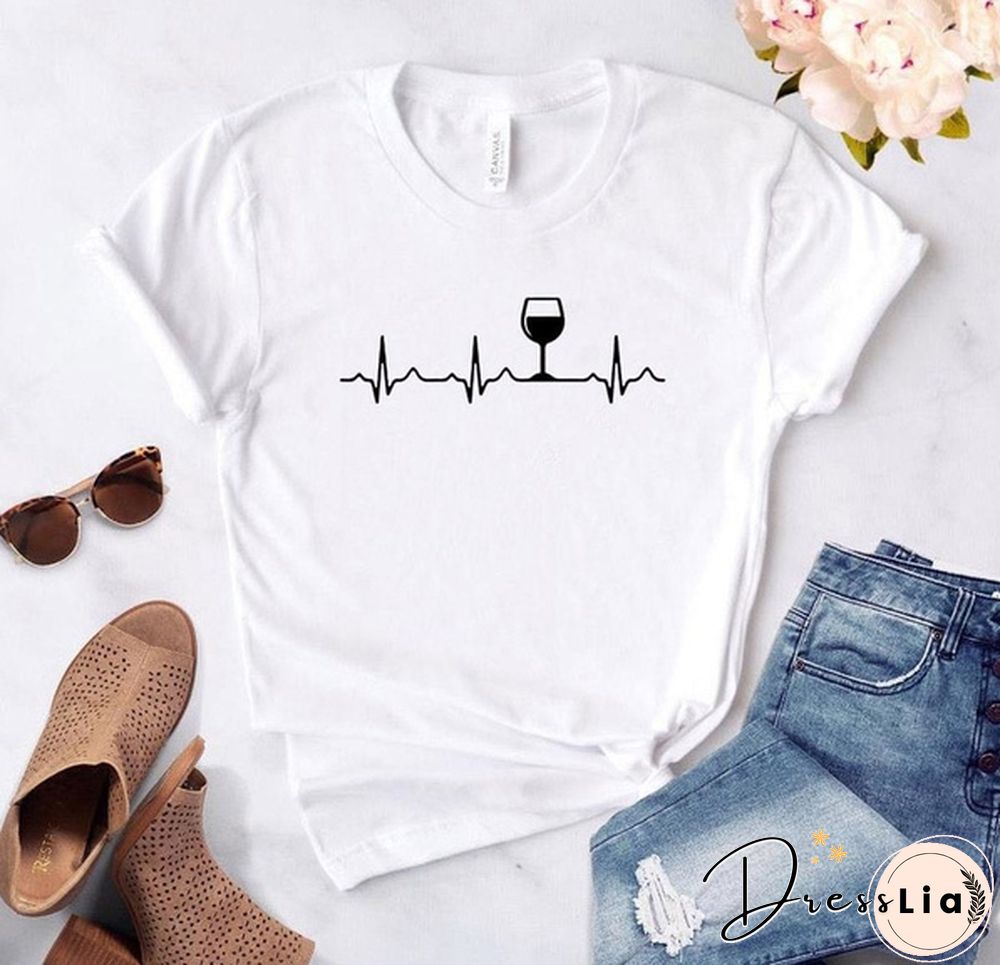 Wine Heartbeat Print T Shirt Women Short Sleeve O Neck Loose Tshirt Summer Women Causal Tee Shirt Tops Camisetas Mujer