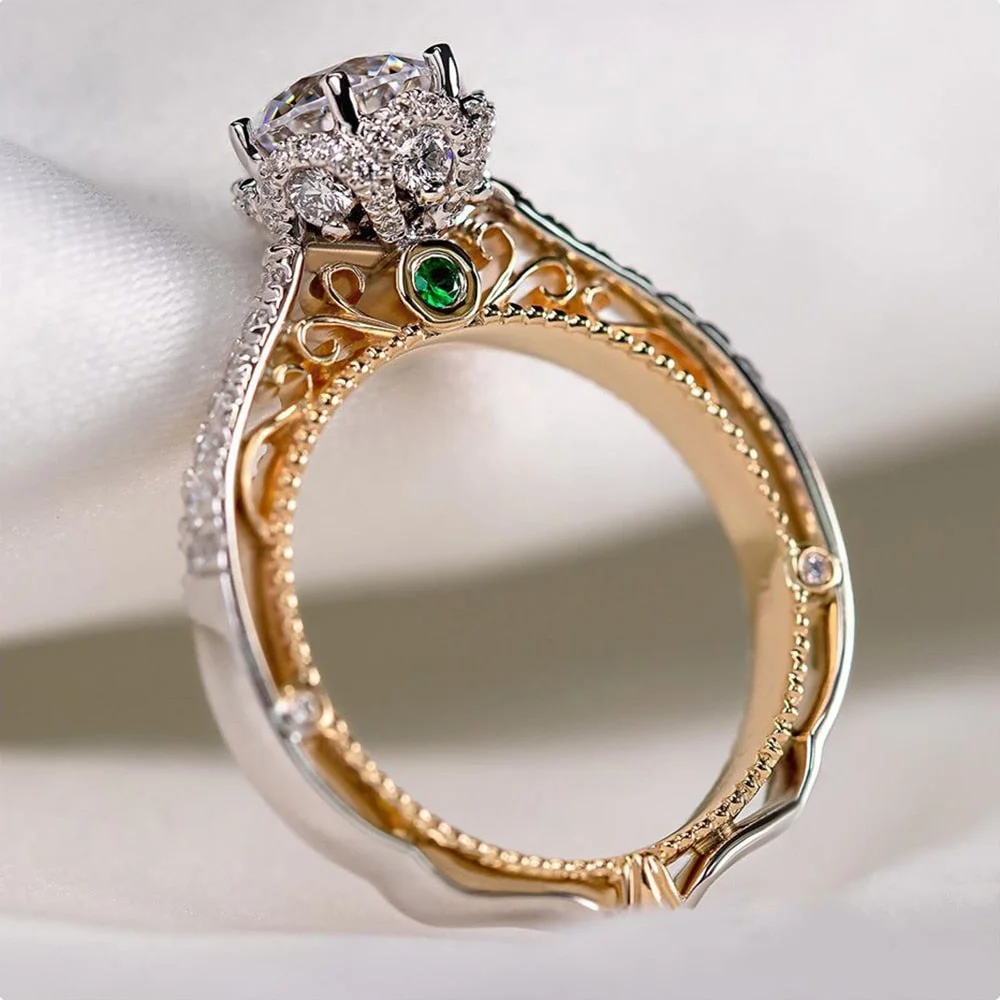 Luxury Classic 6 Claw Crystal Zircon Ring Women Wedding Jewelry Unique Two Tone Design Elegant Female Engagement Ring Hot