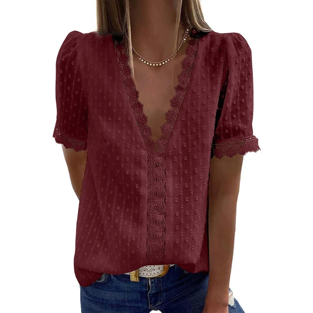 Women's Shirt Pure Color Jacquard V-neck Short Sleeves