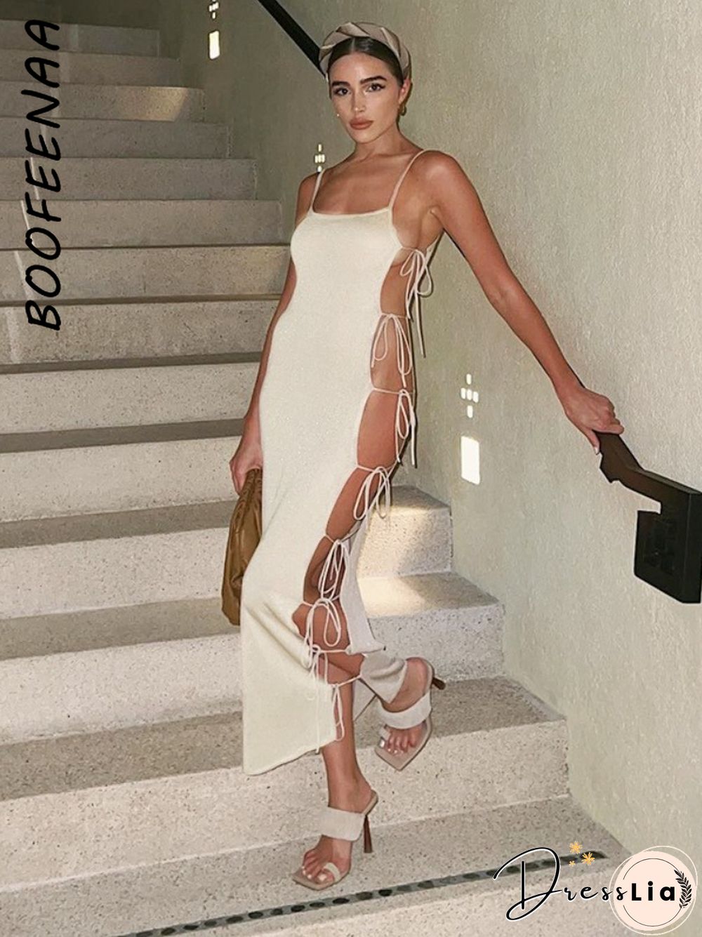 BOOFEENAA Beach Vacation Side Slit Tie Up Maxi Dress Summer OutfitsFor Women Sexy Party Nude Sheer Long Dresses C85-DZ24
