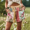 Women's Patchwork Rose Floral Contrast Waist Drawstring Pocket Shorts