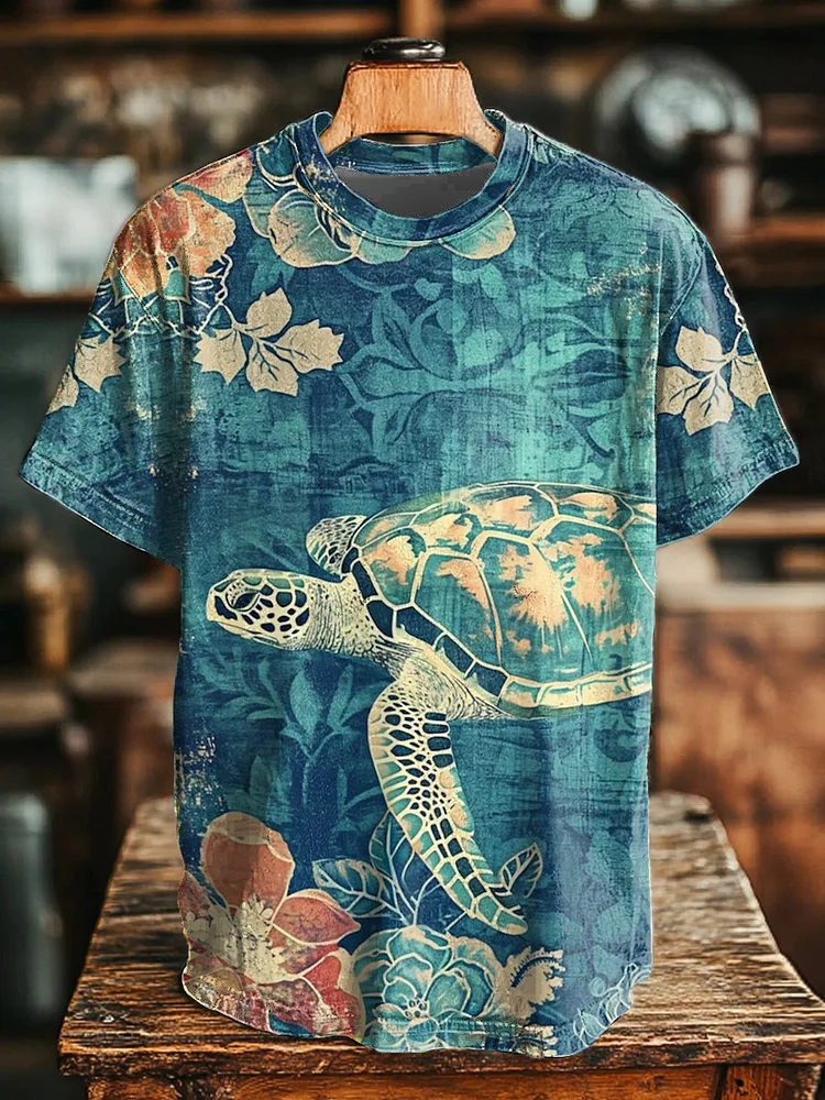 Unisex Vintage Turtle Print Casual T-Shirt