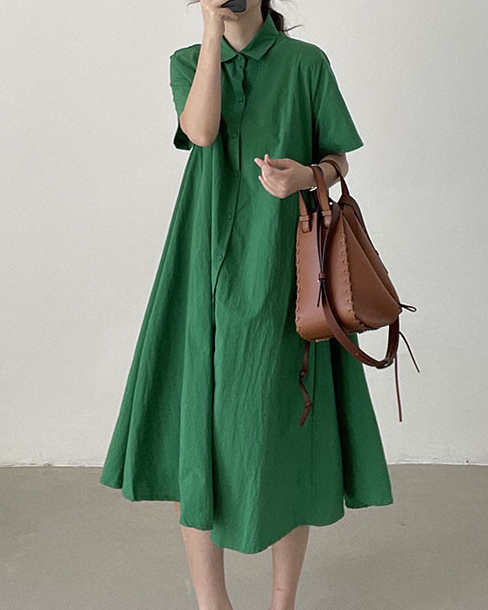 Single Breasted Short Sleeve Lapel Loose Midi Dress