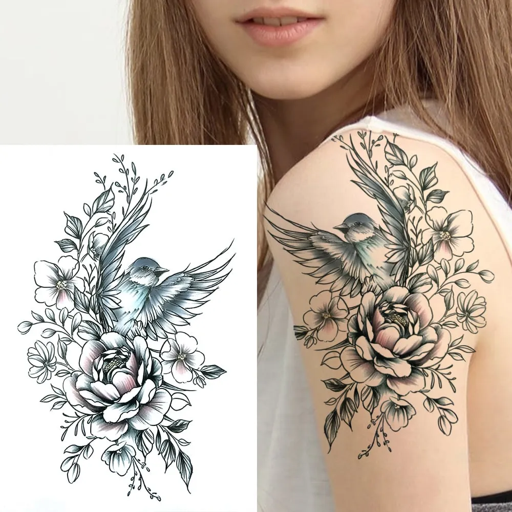 3D Flower Triangle Temporary Tattoos For Women Girl Fake Wolf Deer Geometry Tattoo Sticker Peony Dahlia Body Art Adults Tatoos