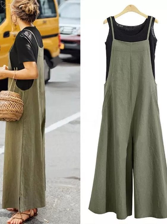 Women Casual Pure Color Loose Linen Tank Jumpsuit