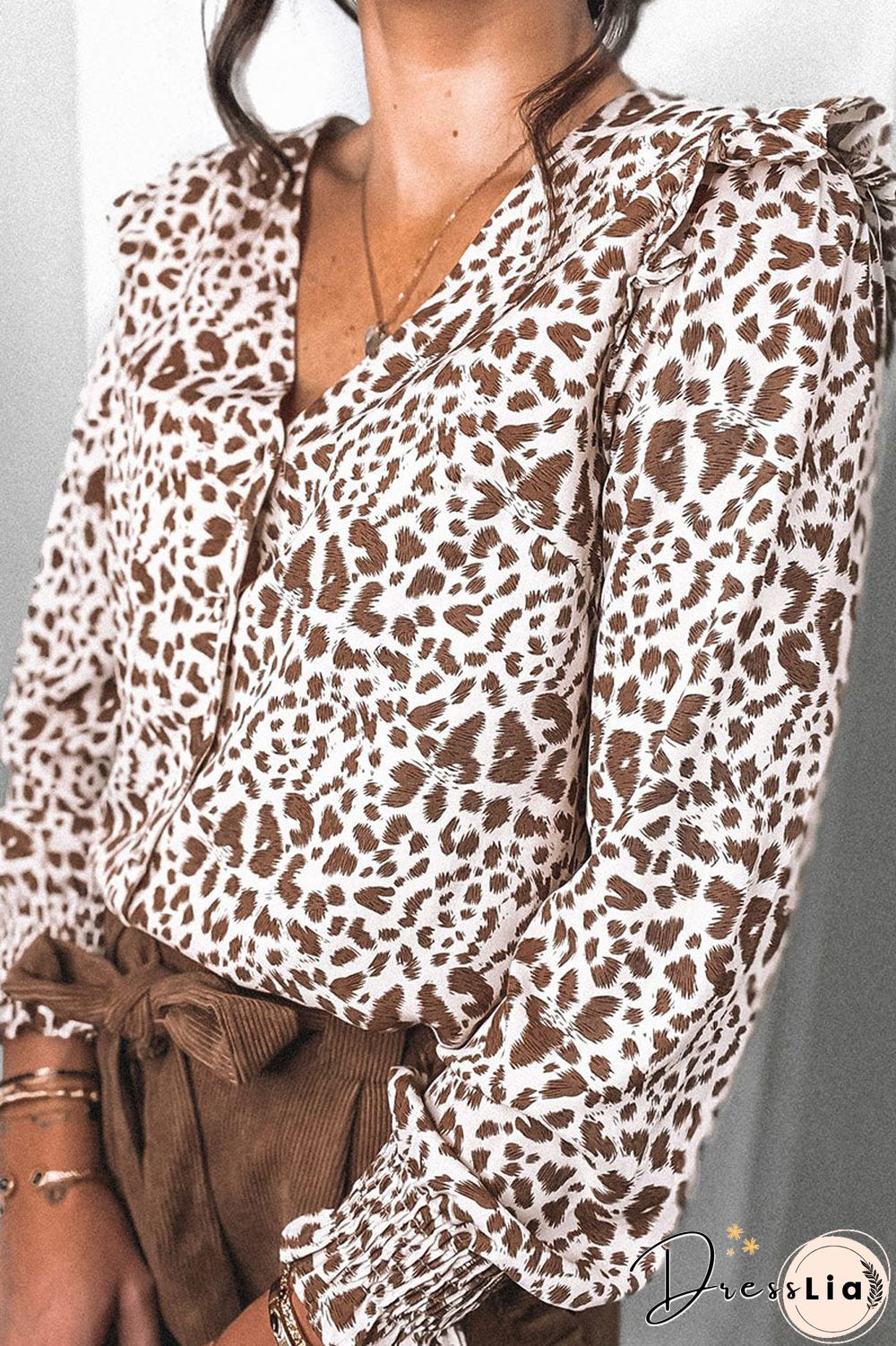 Fashion Print Flounce V Neck Tops