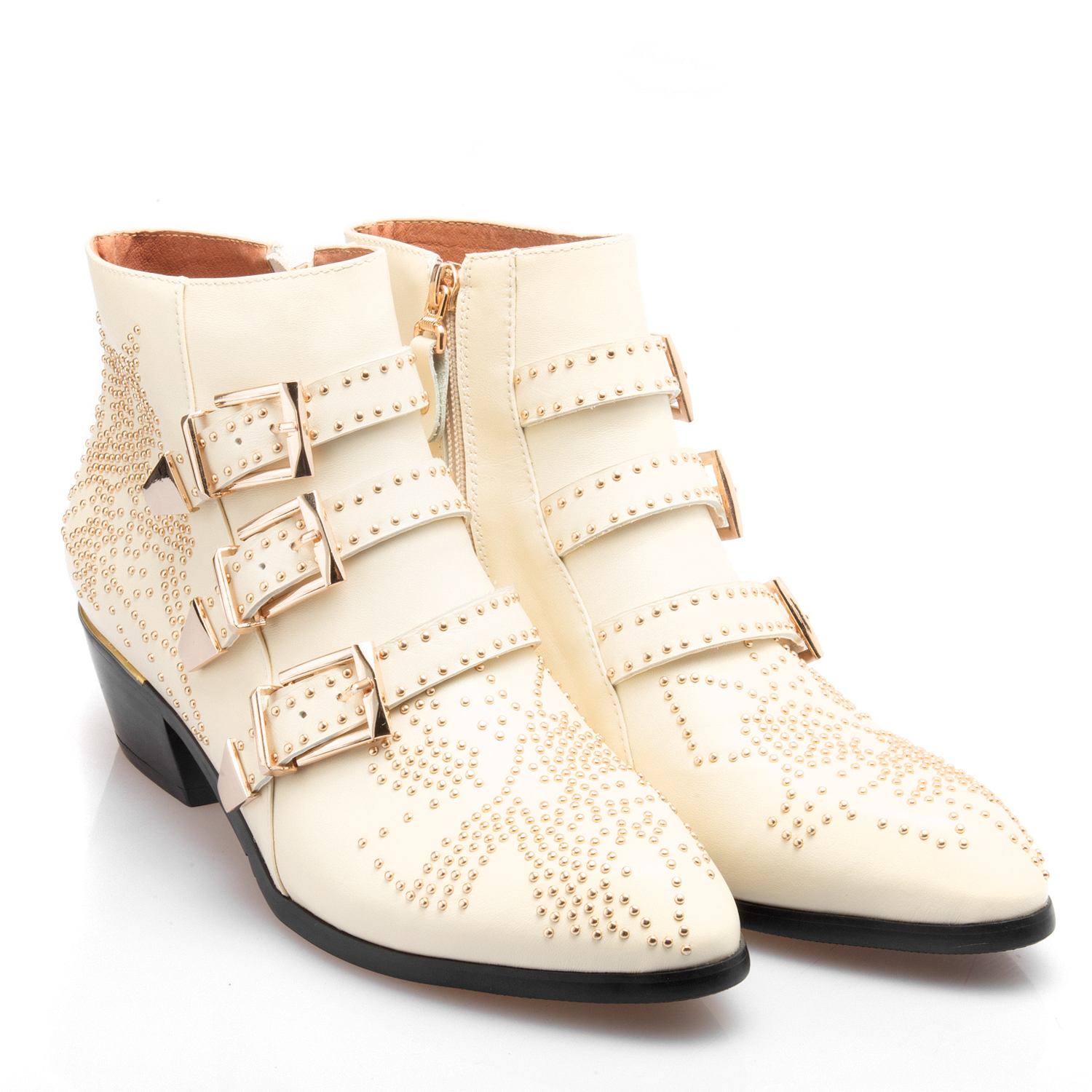 Women's Rivets Metal Buckle Low Heels Ankle Boots-vocosishoes