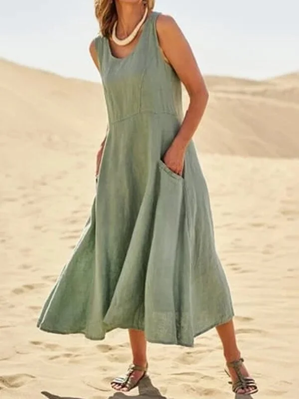Ladies Cotton Linen Pure Color Casual Loose Sleeveless Vest Dress