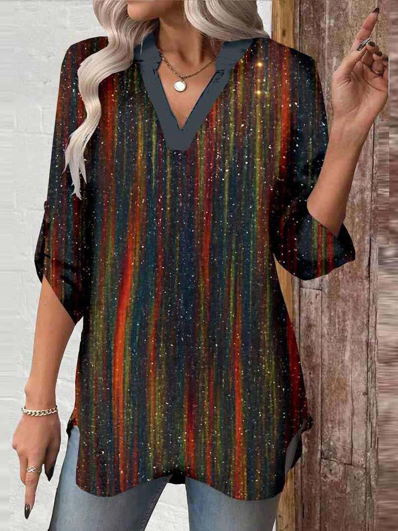 Women Glitter,Striped,Black DZGA0030 3/4 Sleeve V-neck Printed Graphic Button Tops