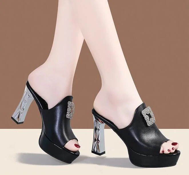 Ladies Leather Sole Slippers Women Sexy High Heel Mules Clogs Black Peep Toe Platform Mules Emal Slip on Sandals Shoes