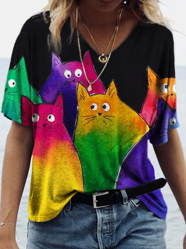 Gradient Colorful Cats V Neck T Shirt