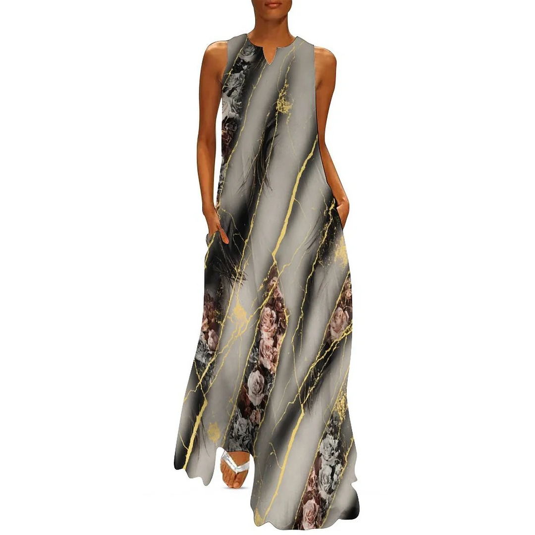 Style & Comfort for Mature Women Plus Size Printed Sleeveless Casual Women Maxi Dress with Pockets in Pattern Black, Floral, Rose, Marble