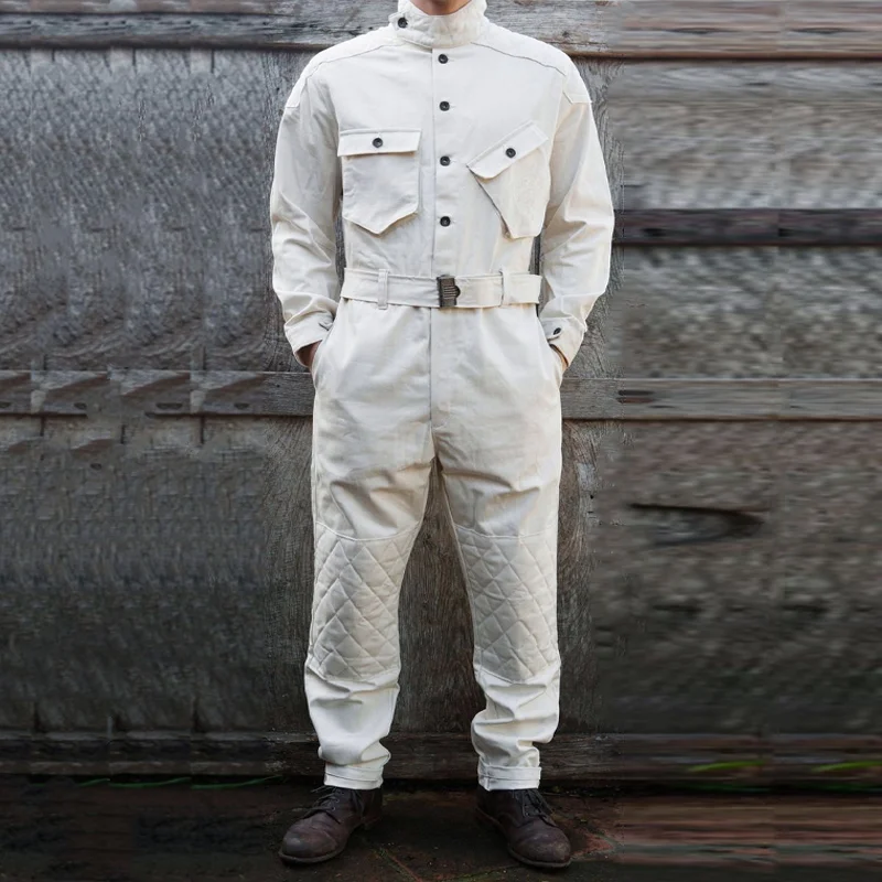 Retro Beige Lapel Cotton Waist Long-sleeved Jumpsuit