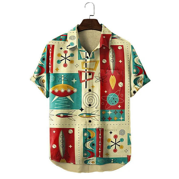 Men's Space Print Men's Casual Short-Sleeved Shirt at Hiphopee