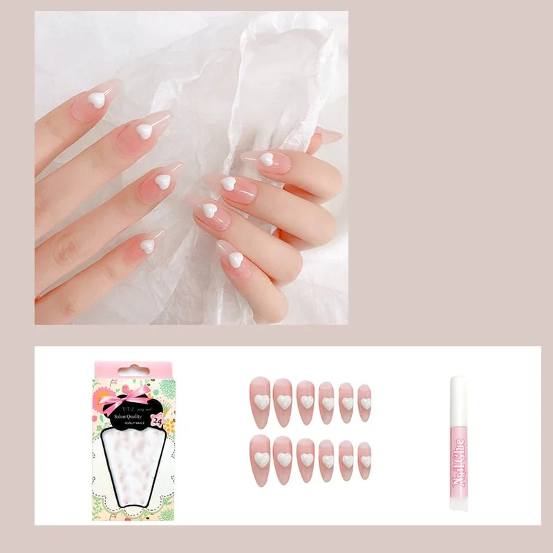 24pcs decorated false nails Transparent purple bow with long round head falis nails Manicure patch acrylic nail tips-Nail Inspo