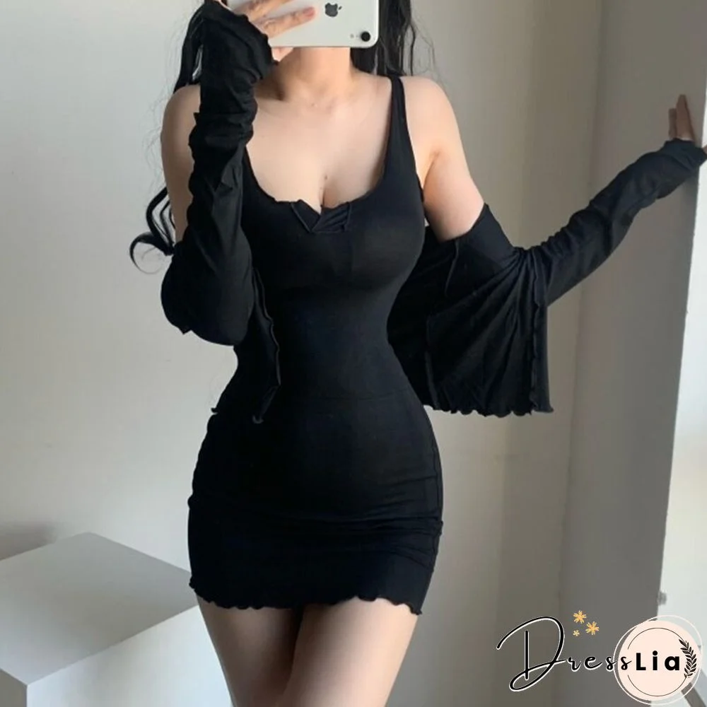 Spring And Autumn Slim Cardigan Dress Set Two-Piece Women'S Gray Short Long Sleeve Cardigan Tight Stretch Sexy Mini Dress Set