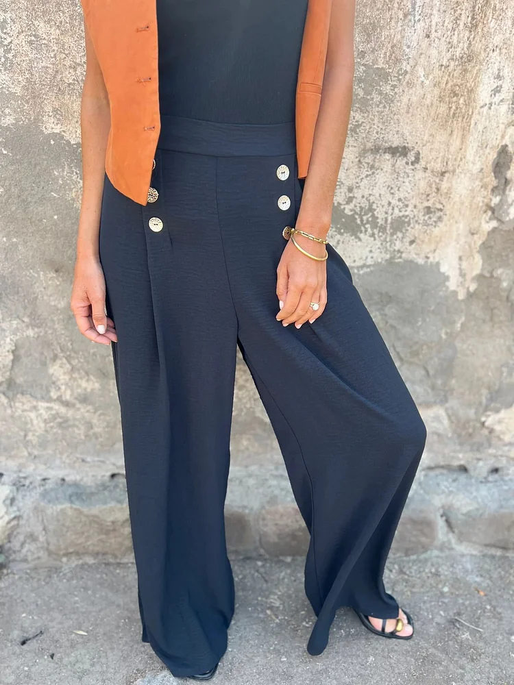 Women's Button-Decorated Loose-Fit Wide-Leg Pants