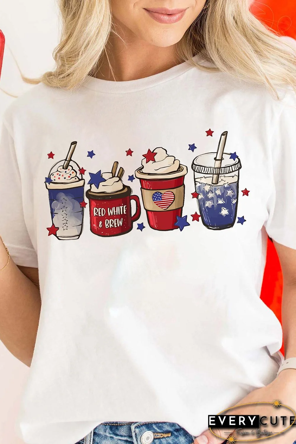 White Coffee Cups Graphic Print 4th of July Graphic T Shirt