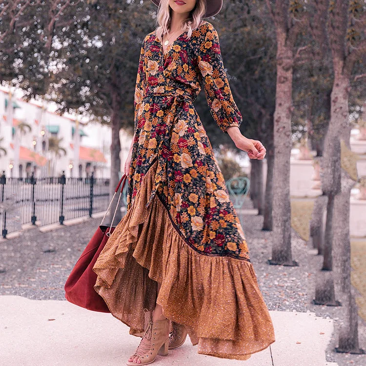 Beth Dutton Bohemian Winter Dress Maxi Dresses Vintage Printed Asymmetric Skirt Dress Maxi Dress