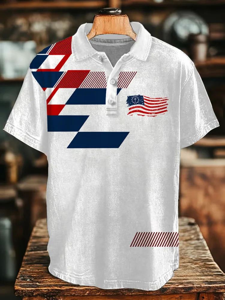 Men's Independence Day Flag Printed Holiday Casual Polo Shirt