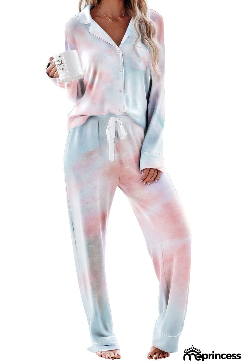 Multicolor Tie-dye Long Sleeve Shirt with Pants Lounge Set