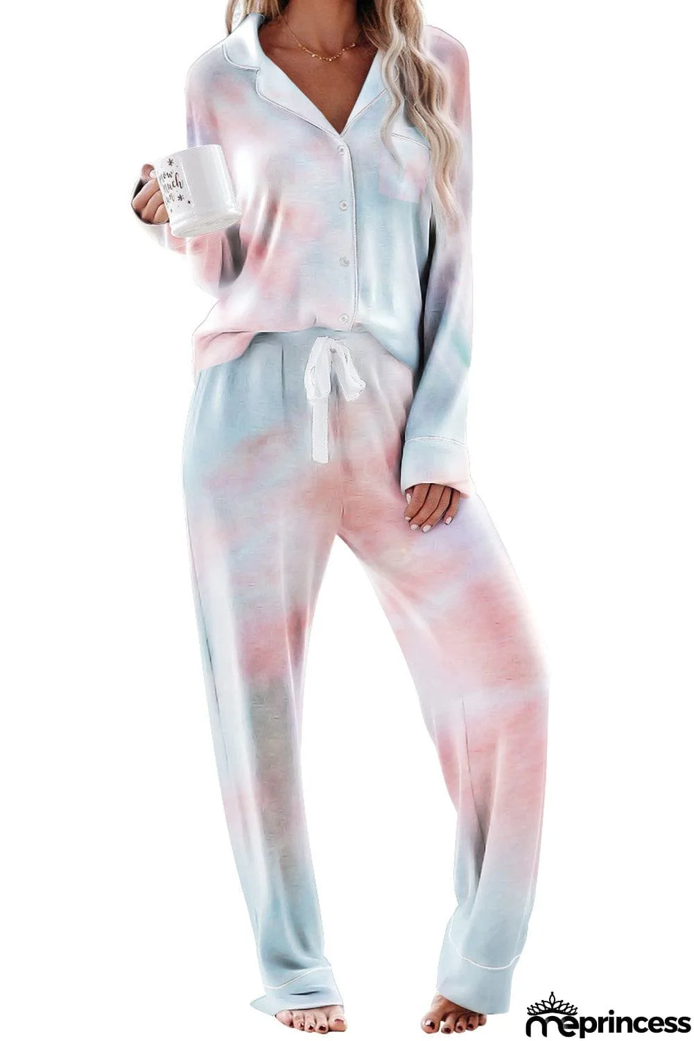 Multicolor Tie-dye Long Sleeve Shirt with Pants Lounge Set