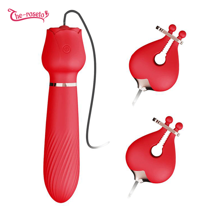 2-in-1 Rose Vibration Breast Clips With Massage Stick One Key Control