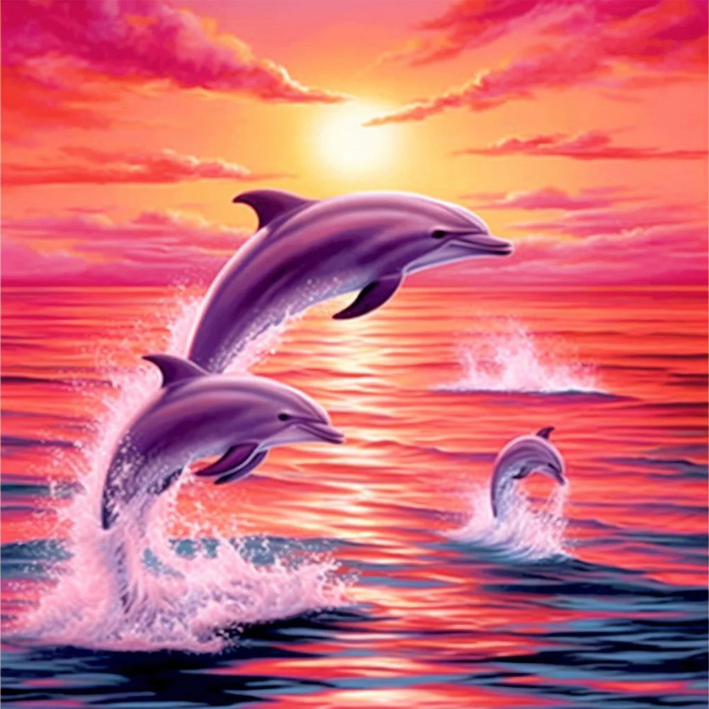 Diamond Painting - Full Round Drill - Pink Ocean Dolphin(Canvas|30*30cm)