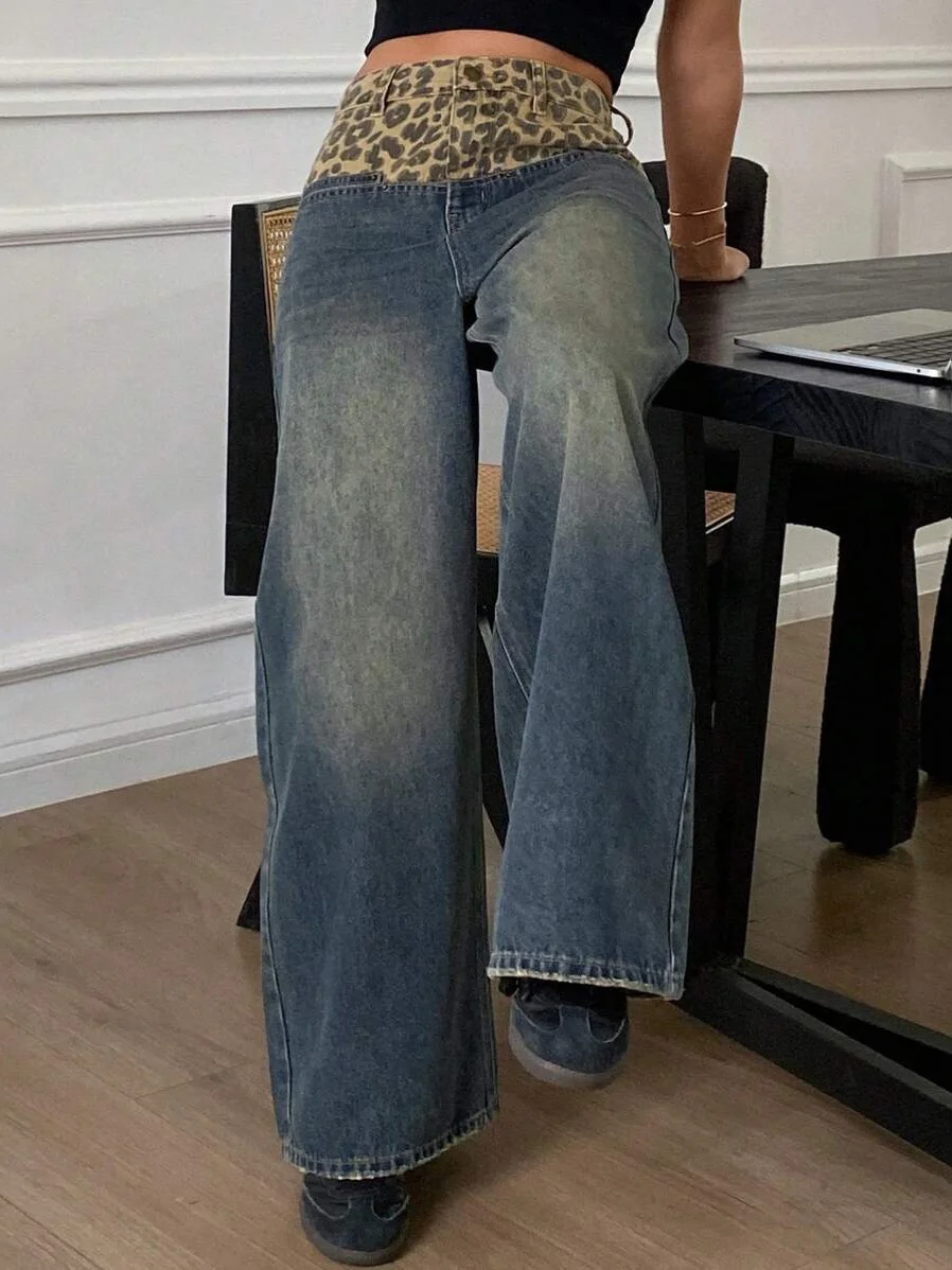 Athvotar Athvotar Splicing Retro Leopard-Print Broad-Legged Pants Jeans Women's Niche To Make Old Loose Breathable Straight Pants