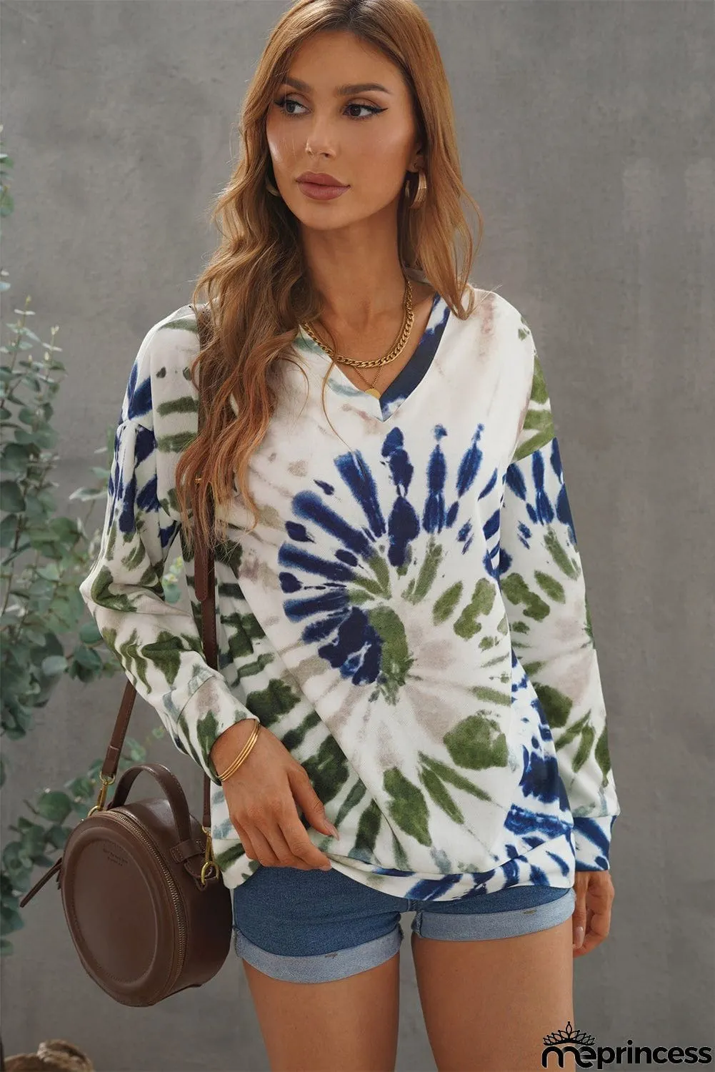 Casual Tie-dye V Neck Pullover Sweatshirt