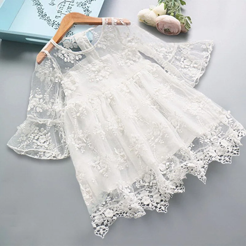 Toddler Kids Baby Girls Summer White Dresses Long Sleeve Party Prom Costume Girl Pageant Dancing Frocks Lace Tutu Layered Dress