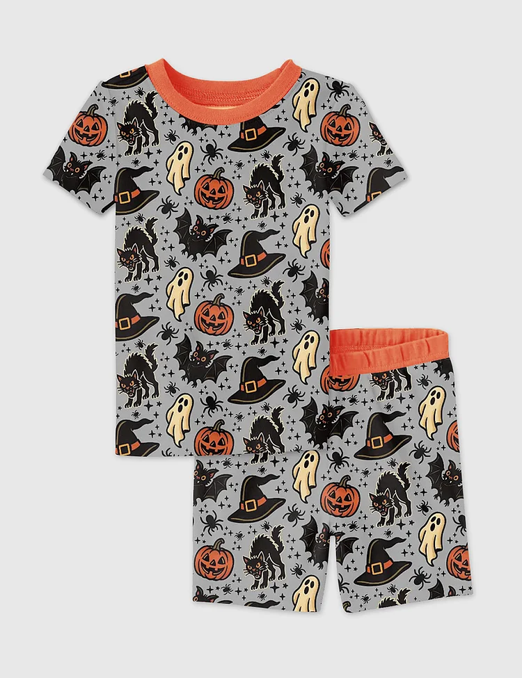 Kid's Halloween Spooky Ghosts Bats Cats Pumpkins Witch Short Sleeve Pajama Set