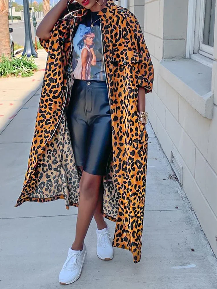 Large size leopard print long sleeves pockets women's jacket QueenFunky