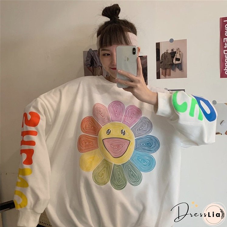Christmas Gift QWEEK Harajuku Rainbow Hoodie Women Sunflower Print Crewneck Sweatshirt Streetwear Y2k Korean Fashion Long Sleeve Pullover Chic