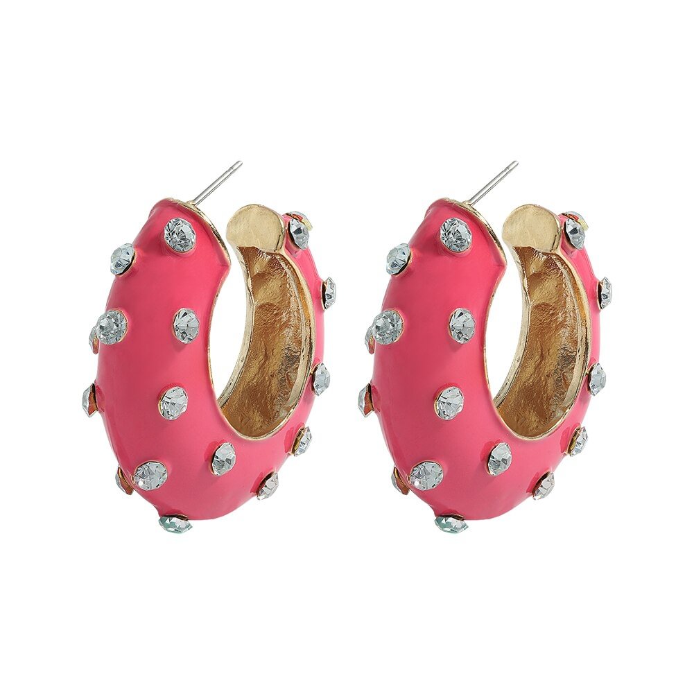 Dvacaman Pink Enamel Rhinestone Hoop Earrings for Women 2022 New Trendy Colorful Geometric C-Shaped Earrings Wedding Ear Jewelry