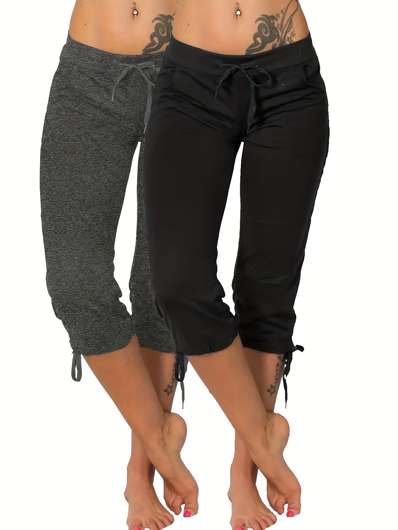 2pcs Women's Lightweight 7/8 Length Casual Pants With Drawstring Waist - Elastic Comfort Fit, Loose Lounge & Casual Attire, Medium Stretch, Machine Washable, All-Season Solid Color Trousers Black & White), Clothing Essentials, Casual Attire, Y Look | IFYHOME