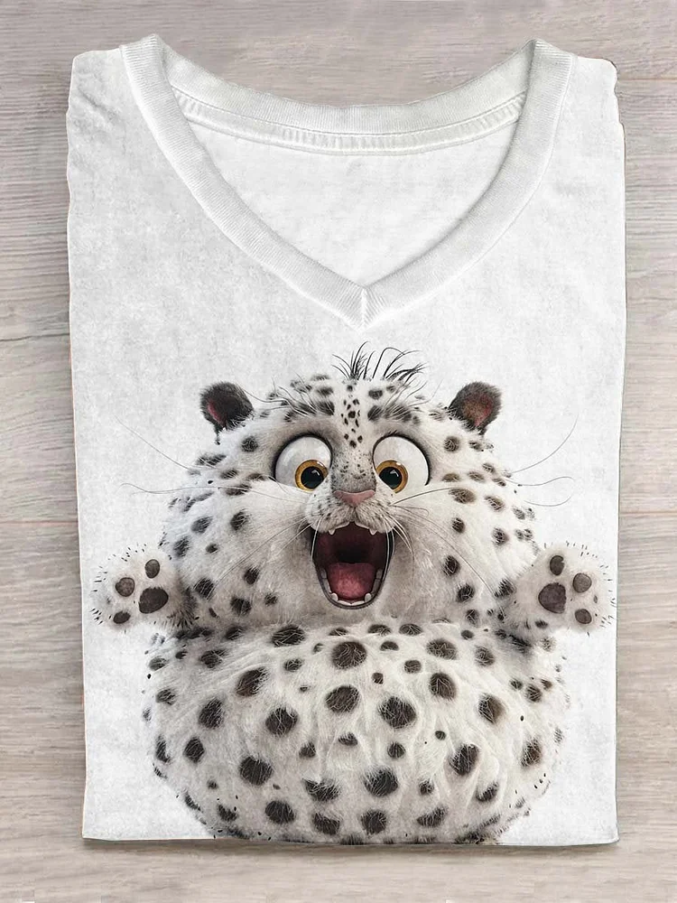 Funny Fat Leopard Cat Animal Art Print Casual T-shirt