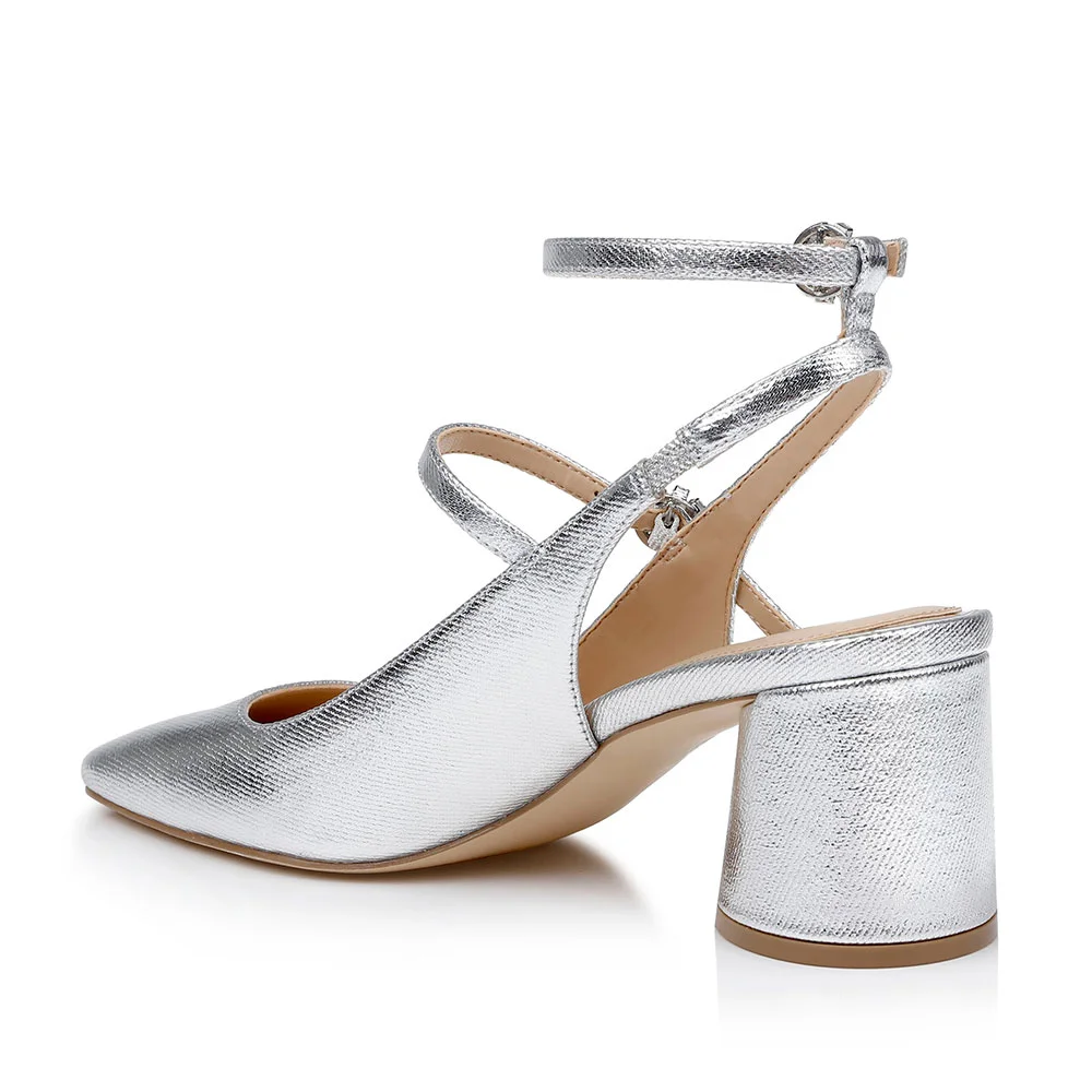 Square Toe Block Heel Mary Jane Slingback Silver Pumps with Buckle